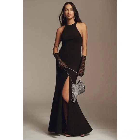 NWT Anthropologie BHLDN Juliana High Neck Halter Slit Stretch Maxi Dress Black - Picture 1 of 10